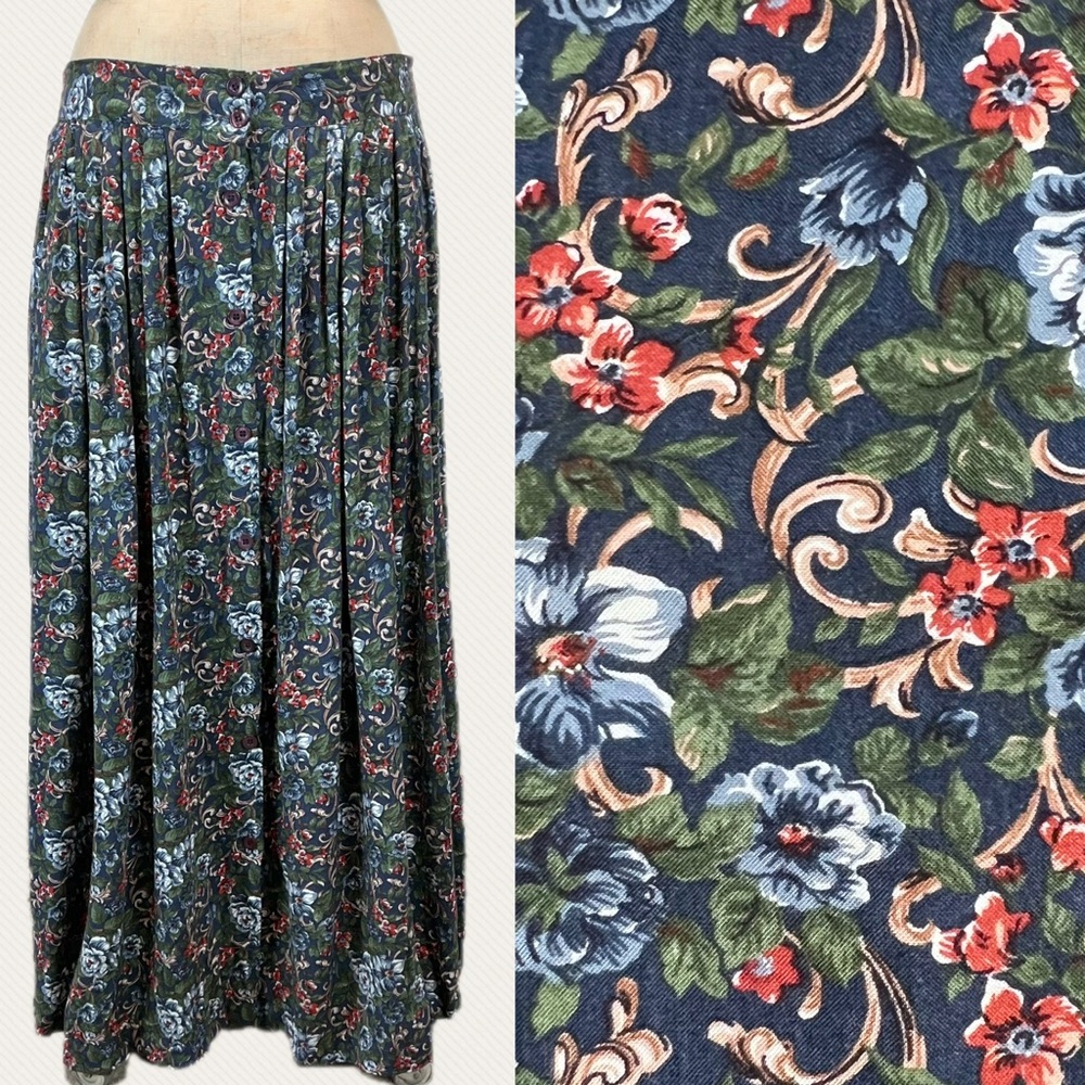 VINTAGE 90s cottage calico flower garden long maxi skirt‎ button front floral